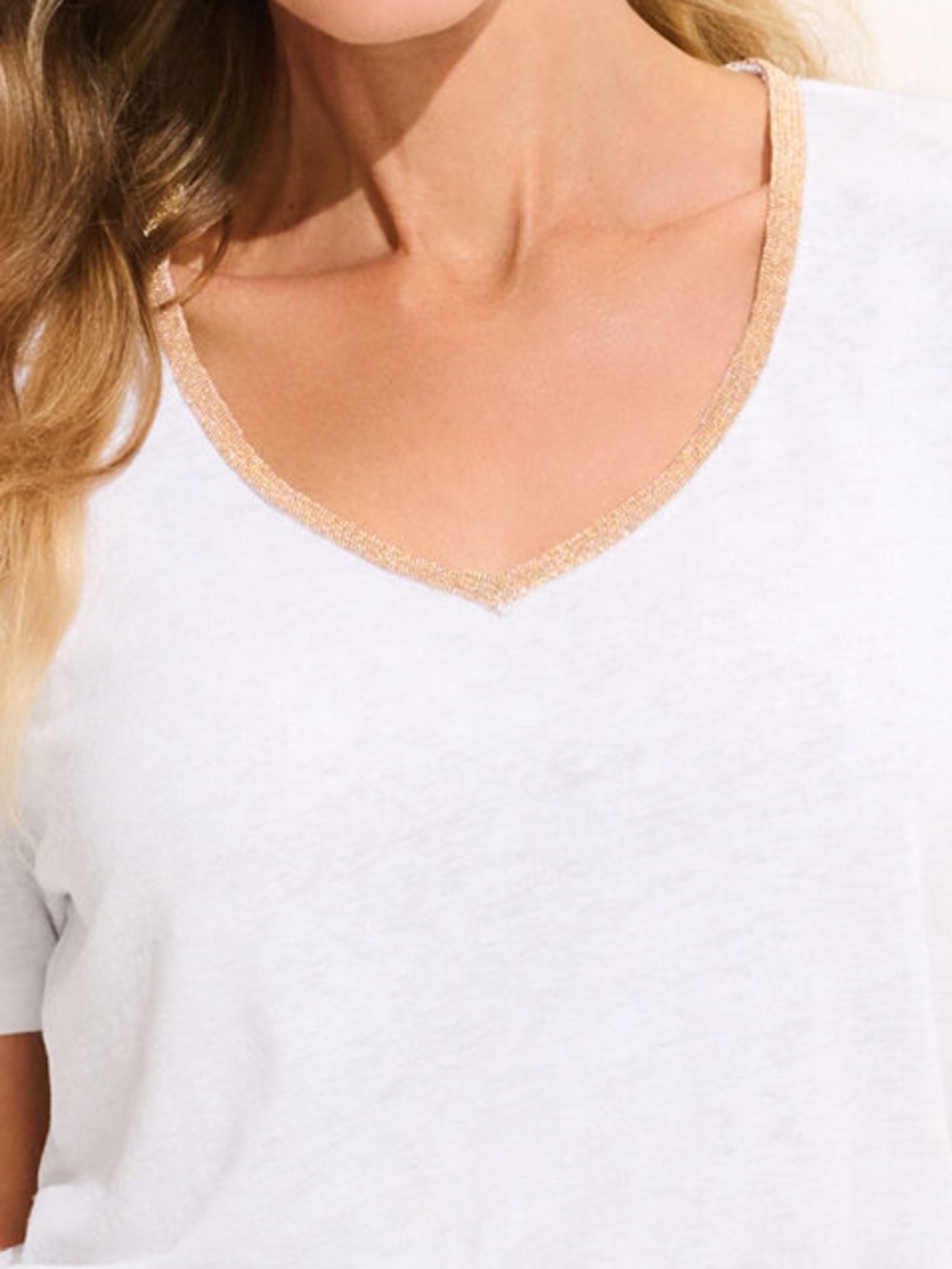 Talbots white linen blend v neck short sleeve beaded tee 3X EUC